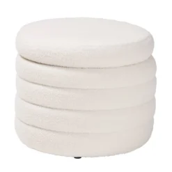 Tabitha Boucle Upholstered Storage Ottoman Ivory - Baxton Studio: Contemporary Round, No Assembly Required