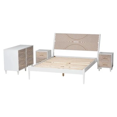 Baxton Studio Queen 4pc Louetta Carved Contrasting Bedroom Set White/Natural Brown 2 Baxton Studio Queen 4pc Louetta Carved Contrasting Bedroom Set White/Natural Brown - Image 2