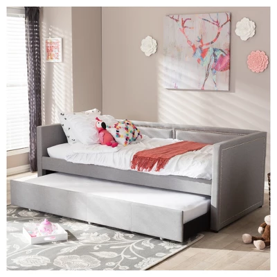 Baxton Studio Twin Raymond Modern And Contemporary Fabric Nailhead Trimmed Sofa Daybed With Roll Out Trundle Guest Bed Gray: Rubberwood Frame 9 Baxton Studio Twin Raymond Modern And Contemporary Fabric Nailhead Trimmed Sofa Daybed With Roll Out Trundle Guest Bed Gray: Rubberwood Frame - Image 9