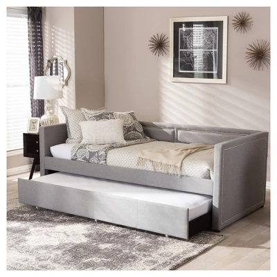 Baxton Studio Twin Raymond Modern And Contemporary Fabric Nailhead Trimmed Sofa Daybed With Roll Out Trundle Guest Bed Gray: Rubberwood Frame 7 Baxton Studio Twin Raymond Modern And Contemporary Fabric Nailhead Trimmed Sofa Daybed With Roll Out Trundle Guest Bed Gray: Rubberwood Frame - Image 7
