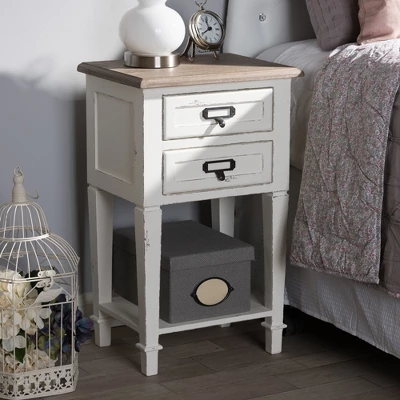Dauphine 2 Drawer Provincial Style Oak And Distressed Finish Wood Nightstand White - Baxton Studio 5 Dauphine 2 Drawer Provincial Style Oak And Distressed Finish Wood Nightstand White - Baxton Studio - Image 5