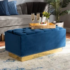 Powell Velvet Fabric Upholstered And PU Leather Ottoman Gold/Blue - Baxton Studio 13 Powell Velvet Fabric Upholstered And PU Leather Ottoman Gold/Blue - Baxton Studio -Baxton Studio GUEST a432f300 1d49 4004 99de 0ccd7a46a32e