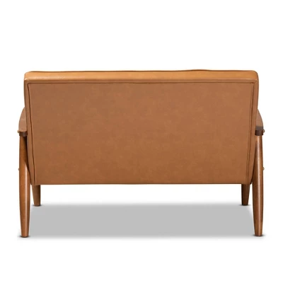 Sorrento Mid-Century Faux Leather Upholstered Wood Loveseat Walnut/Brown - Baxton Studio 3 Sorrento Mid-Century Faux Leather Upholstered Wood Loveseat Walnut/Brown - Baxton Studio - Image 3