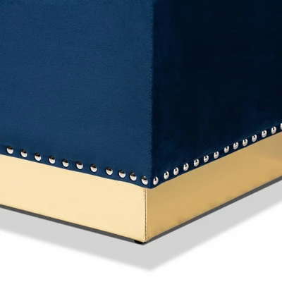 Powell Velvet Fabric Upholstered And PU Leather Ottoman Gold/Blue - Baxton Studio 5 Powell Velvet Fabric Upholstered And PU Leather Ottoman Gold/Blue - Baxton Studio - Image 5