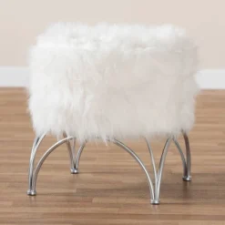 Celia Faux Fur Upholstered Silver Metal Ottoman White/Silver - Baxton Studio 10 Celia Faux Fur Upholstered Silver Metal Ottoman White/Silver - Baxton Studio -Baxton Studio GUEST a764237c 52c1 4c28 acb6 04078233bd6e