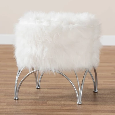 Celia Faux Fur Upholstered Silver Metal Ottoman White/Silver - Baxton Studio 5 Celia Faux Fur Upholstered Silver Metal Ottoman White/Silver - Baxton Studio - Image 5