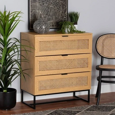 Sawyer Wood And Metal 3 Drawer Storage Cabinet With Natural Rattan Oak Brown/Black - Baxton Studio 3 Sawyer Wood And Metal 3 Drawer Storage Cabinet With Natural Rattan Oak Brown/Black - Baxton Studio - Image 3