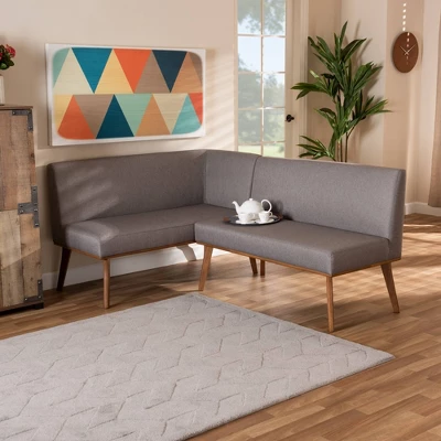 2pc Odessa Mid-Century Modern Fabric Upholstered Wood Dining Corner Sofa Bench Set Walnut/Brown/Gray - Baxton Studio 5 2pc Odessa Mid-Century Modern Fabric Upholstered Wood Dining Corner Sofa Bench Set Walnut/Brown/Gray - Baxton Studio - Image 5