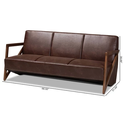Christa Faux Leather Effect Fabric Upholstered Wood Sofa Dark Brown/Walnut Brown - Baxton Studio 9 Christa Faux Leather Effect Fabric Upholstered Wood Sofa Dark Brown/Walnut Brown - Baxton Studio - Image 9