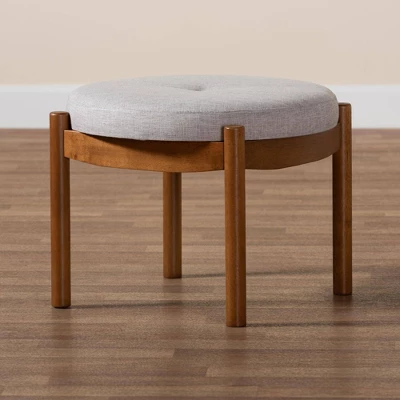 Iliana Fabric And Wood Ottoman Footstool Grayish Beige/Walnut Brown - Baxton Studio: Japandi Inspired, Rubberwood Frame, Button-Tufted 6 Iliana Fabric And Wood Ottoman Footstool Grayish Beige/Walnut Brown - Baxton Studio: Japandi Inspired, Rubberwood Frame, Button-Tufted - Image 6