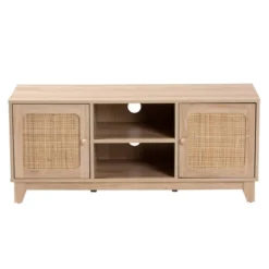 Elsbeth Wood And Natural Rattan 2 Door TV Stand For TVs Up To 40" Light Brown/Natural Brown - Baxton Studio