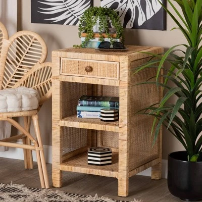 Bella Mahogany Wood And Natural Rattan 1 Drawer Nightstand Natural Brown - Baxton Studio 3 Bella Mahogany Wood And Natural Rattan 1 Drawer Nightstand Natural Brown - Baxton Studio - Image 3