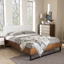 King Mitchell Rustic Industrial Walnut Wood And Faux Leather Metal Platform Bed White - Baxton Studio -Baxton Studio GUEST b304cdf5 4d2b 4426 bae8 b9b10ecb754a