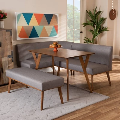 4pc Odessa Mid-Century Modern Fabric Upholstered Wood Dining Nook Set Walnut/Brown - Baxton Studio 8 4pc Odessa Mid-Century Modern Fabric Upholstered Wood Dining Nook Set Walnut/Brown - Baxton Studio - Image 8