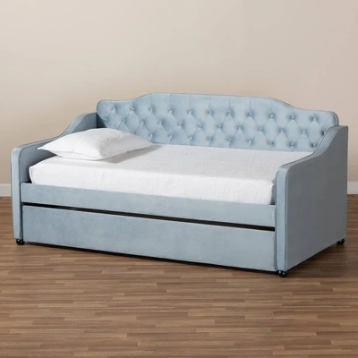 Twin Freda Velvet Tufted Daybed With Trundle Light Blue - Baxton Studio 9 Twin Freda Velvet Tufted Daybed With Trundle Light Blue - Baxton Studio - Image 9
