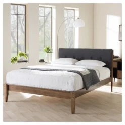Leyton Mid-Century Modern Fabric Upholstered Platform Bed Gray/Walnut Brown - Baxton Studio -Baxton Studio GUEST b51c0749 f1ee 4b16 a9be c191a9471892