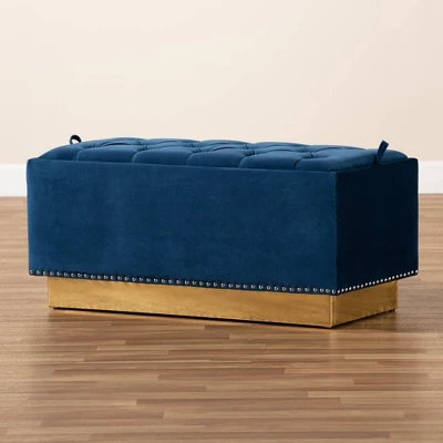 Powell Velvet Fabric Upholstered And PU Leather Ottoman Gold/Blue - Baxton Studio 8 Powell Velvet Fabric Upholstered And PU Leather Ottoman Gold/Blue - Baxton Studio - Image 8