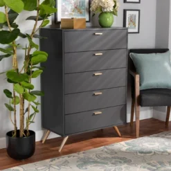 Kelson Wood 5 Drawer Chest Dark Gray/Gold - Baxton Studio -Baxton Studio GUEST ba7266d0 7218 4369 9ffb 827bcc1929d3