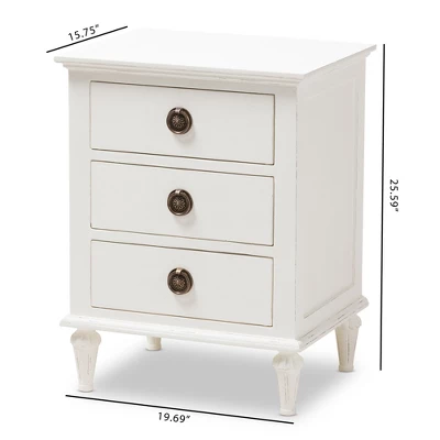 Venezia French - Inspired Rustic Washed Wood 3 - Drawer Nightstand - White - Baxton Studio 8 Venezia French - Inspired Rustic Washed Wood 3 - Drawer Nightstand - White - Baxton Studio - Image 8