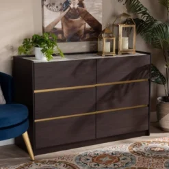 Walker Wood 6 Drawer Dresser With Faux Marble Top Dark Brown/Marble/Gold - Baxton Studio -Baxton Studio GUEST bd08a538 6bbf 4fa7 ae44 72427a76e541