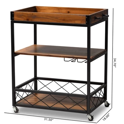 Capri Oak And Finished Mobile Metal Bar Cart With Stemware Rack Brown - Baxton Studio 3 Capri Oak And Finished Mobile Metal Bar Cart With Stemware Rack Brown - Baxton Studio - Image 3