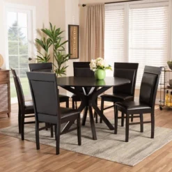 7pc Dining Set Wood And Jeane Faux Leather Upholstered Dark Brown/Espresso Brown - Baxton Studio 12 7pc Dining Set Wood And Jeane Faux Leather Upholstered Dark Brown/Espresso Brown - Baxton Studio -Baxton Studio GUEST c0c6b5c9 293e 4ade 8d31 a6e22cff1270