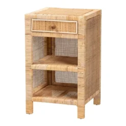Bella Mahogany Wood And Natural Rattan 1 Drawer Nightstand Natural Brown - Baxton Studio