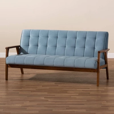 Asta Velvet Upholstered Wood Sofa Light Blue/Walnut - Baxton Studio 7 Asta Velvet Upholstered Wood Sofa Light Blue/Walnut - Baxton Studio - Image 7