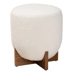 Fisk Fabric And Wood Ottoman Footstool Cream/Walnut Brown - Baxton Studio: Plywood & Polyester, No Assembly Required