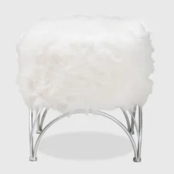 Celia Faux Fur Upholstered Silver Metal Ottoman White/Silver - Baxton Studio
