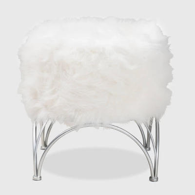 Celia Faux Fur Upholstered Silver Metal Ottoman White/Silver - Baxton Studio 1 Celia Faux Fur Upholstered Silver Metal Ottoman White/Silver - Baxton Studio