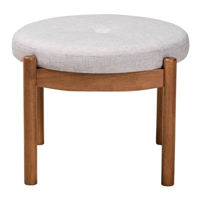 Iliana Fabric And Wood Ottoman Footstool Grayish Beige/Walnut Brown - Baxton Studio: Japandi Inspired, Rubberwood Frame, Button-Tufted 2 Iliana Fabric And Wood Ottoman Footstool Grayish Beige/Walnut Brown - Baxton Studio: Japandi Inspired, Rubberwood Frame, Button-Tufted - Image 2