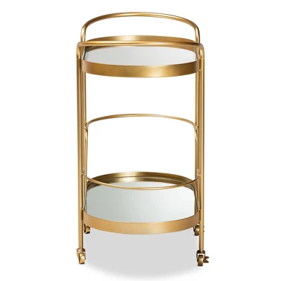 Kamal Glam Brushed Metal And Mirrored Glass 2 Tier Mobile Wine Bar Cart Gold - Baxton Studio 2 Kamal Glam Brushed Metal And Mirrored Glass 2 Tier Mobile Wine Bar Cart Gold - Baxton Studio - Image 2
