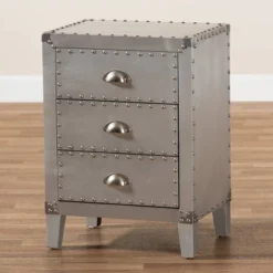 Claude Metal 3 Drawer Nightstand Silver - Baxton Studio: Vintage-Inspired, Rivet Detail, Fully Assembled -Baxton Studio GUEST cb85917c 40bd 4da8 b586 62a7b57fd363