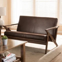 Bianca Mid-Modern Walnut Wood Distressed Faux Leather 2 Seater Loveseat Dark Brown - Baxton Studio 11 Bianca Mid-Modern Walnut Wood Distressed Faux Leather 2 Seater Loveseat Dark Brown - Baxton Studio -Baxton Studio GUEST cb9850fb ca10 4e42 8bde d6844820136b