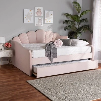 Queen Timila Velvet Fabric Upholstered Daybed With Trundle Light Pink - Baxton Studio 10 Queen Timila Velvet Fabric Upholstered Daybed With Trundle Light Pink - Baxton Studio - Image 10