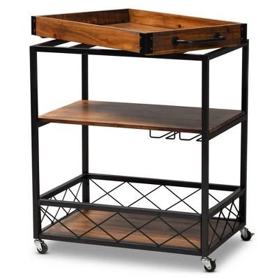 Capri Oak And Finished Mobile Metal Bar Cart With Stemware Rack Brown - Baxton Studio 9 Capri Oak And Finished Mobile Metal Bar Cart With Stemware Rack Brown - Baxton Studio - Image 9