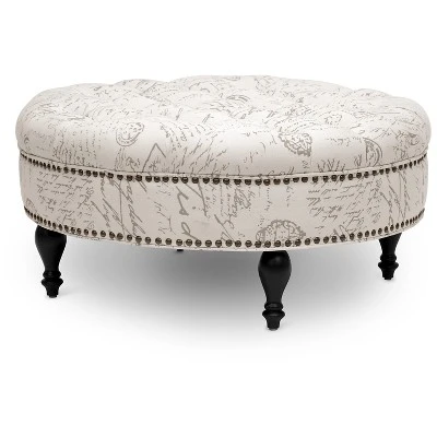 Palfrey Tufted Ottoman Beige - Baxton Studio: Eucalyptus Frame, Linen Upholstery, French Script Print 3 Palfrey Tufted Ottoman Beige - Baxton Studio: Eucalyptus Frame, Linen Upholstery, French Script Print - Image 3