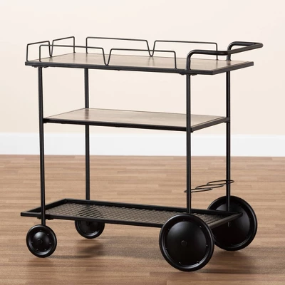 Huntley Wood And Metal Mobile Wine Cart Walnut Brown/Black - Baxton Studio 7 Huntley Wood And Metal Mobile Wine Cart Walnut Brown/Black - Baxton Studio - Image 7