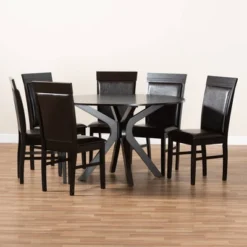 7pc Dining Set Wood And Jeane Faux Leather Upholstered Dark Brown/Espresso Brown - Baxton Studio 13 7pc Dining Set Wood And Jeane Faux Leather Upholstered Dark Brown/Espresso Brown - Baxton Studio -Baxton Studio GUEST d6366ebb c50c 4050 ad0a b9a1b392cd0d