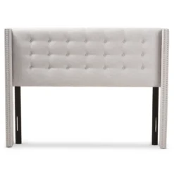 Queen Ginaro Modern And Contemporary Fabric Button Tufted Nail Head Winged Headboard Gray - Baxton Studio