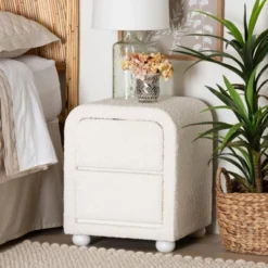 Baxton Studio Bonilla Teddy Bear Fabric And Rubberwood 2 Drawer Nightstand White: Polyester, MDF, Modern Design