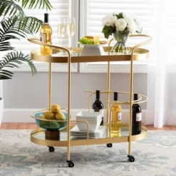Kamal Glam Brushed Metal And Mirrored Glass 2 Tier Mobile Wine Bar Cart Gold - Baxton Studio 29 Kamal Glam Brushed Metal And Mirrored Glass 2 Tier Mobile Wine Bar Cart Gold - Baxton Studio -Baxton Studio GUEST d97d153f 9a72 407e 8820 5274887d8b57