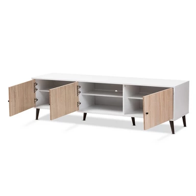 Bastien Light Oak 6 Shelf TV Stand For TVs Up To 60" White/Brown - Baxton Studio 3 Bastien Light Oak 6 Shelf TV Stand For TVs Up To 60" White/Brown - Baxton Studio - Image 3