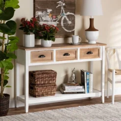 Benedict Two-Tone Wood 3 Drawer Console Table White/Oak - Baxton Studio 11 Benedict Two-Tone Wood 3 Drawer Console Table White/Oak - Baxton Studio -Baxton Studio GUEST dc427962 3b5f 485c b446 14f39b8df1d0