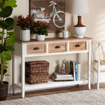 Benedict Two-Tone Wood 3 Drawer Console Table White/Oak - Baxton Studio 5 Benedict Two-Tone Wood 3 Drawer Console Table White/Oak - Baxton Studio - Image 5