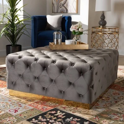 Verene Velvet Upholstered Square Cocktail Ottoman Gray/Gold - Baxton Studio 4 Verene Velvet Upholstered Square Cocktail Ottoman Gray/Gold - Baxton Studio - Image 4