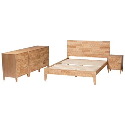 Baxton Studio Queen 4pc Hosea Carved Honeycomb Bedroom Set Natural 2 Baxton Studio Queen 4pc Hosea Carved Honeycomb Bedroom Set Natural - Image 2