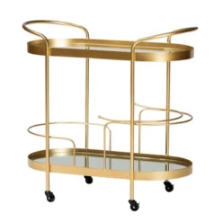 Kamal Glam Brushed Metal And Mirrored Glass 2 Tier Mobile Wine Bar Cart Gold - Baxton Studio 24 Kamal Glam Brushed Metal And Mirrored Glass 2 Tier Mobile Wine Bar Cart Gold - Baxton Studio -Baxton Studio GUEST de442c1b 7362 4bd1 8b2e ff4632c874fc