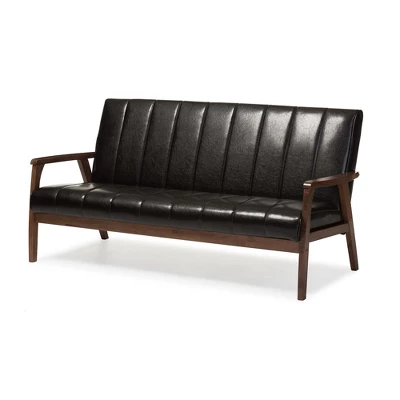Nikko Mid-Century Modern Scandinavian Style Faux Leather Wooden 3 Seater Sofa - Baxton Studio 5 Nikko Mid-Century Modern Scandinavian Style Faux Leather Wooden 3 Seater Sofa - Baxton Studio - Image 5
